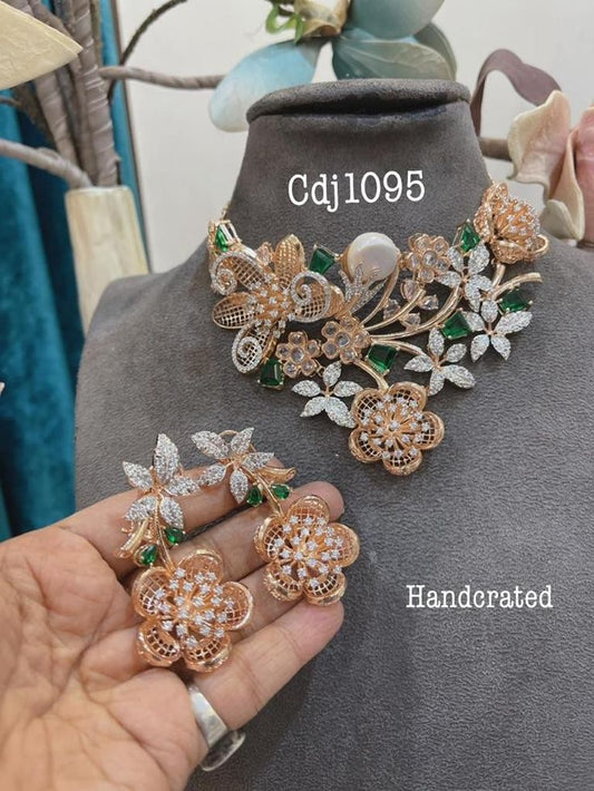 Crasula Flower Moti and Diamond Work Necklace Set